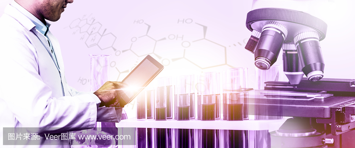 科学和医学实验室仪器,显微镜,试管和玻璃烧瓶的双重曝光图像,用于实验室的微生物和化学。